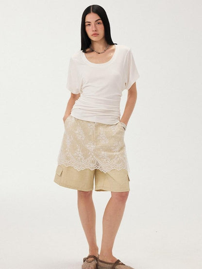DIDDI MODA Sheer Yellow Lace Splice Relaxed Straight Women&