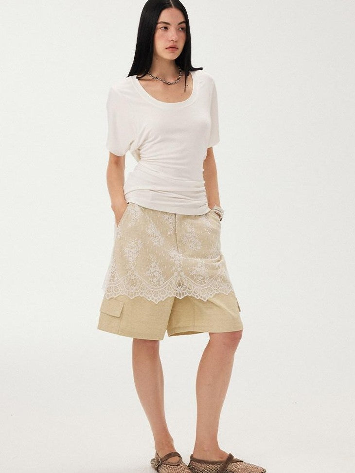 DIDDI MODA Sheer Yellow Lace Splice Relaxed Straight Women&
