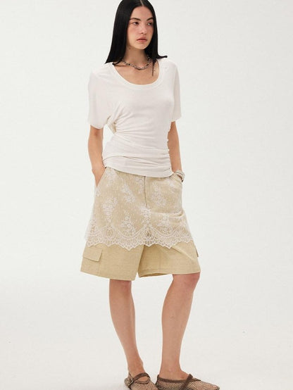 DIDDI MODA Sheer Yellow Lace Splice Relaxed Straight Women&
