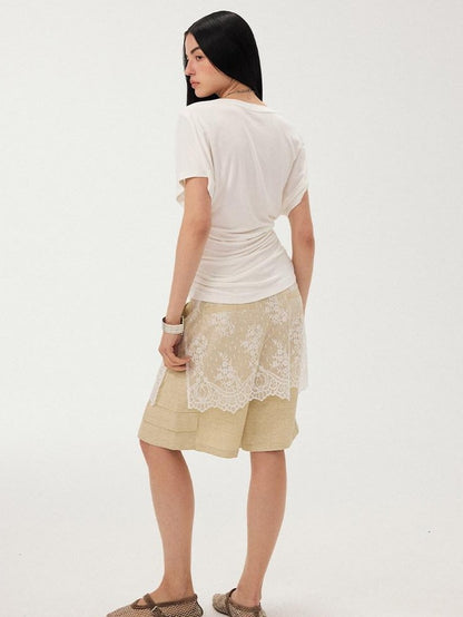 DIDDI MODA Sheer Yellow Lace Splice Relaxed Straight Women&