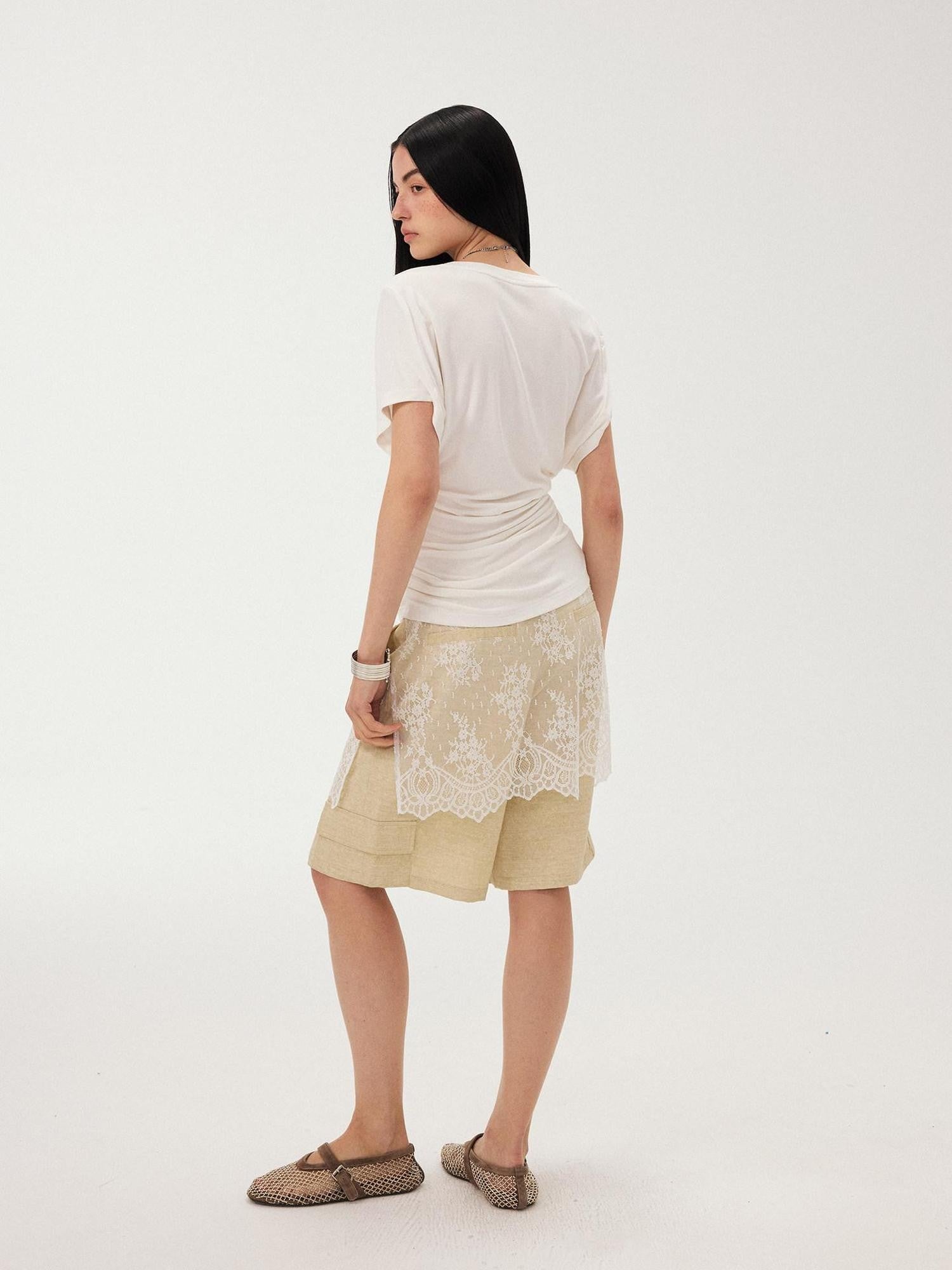 DIDDI MODA Sheer Yellow Lace Splice Relaxed Straight Women&