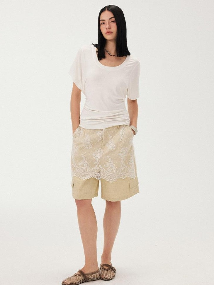 DIDDI MODA Sheer Yellow Lace Splice Relaxed Straight Women&