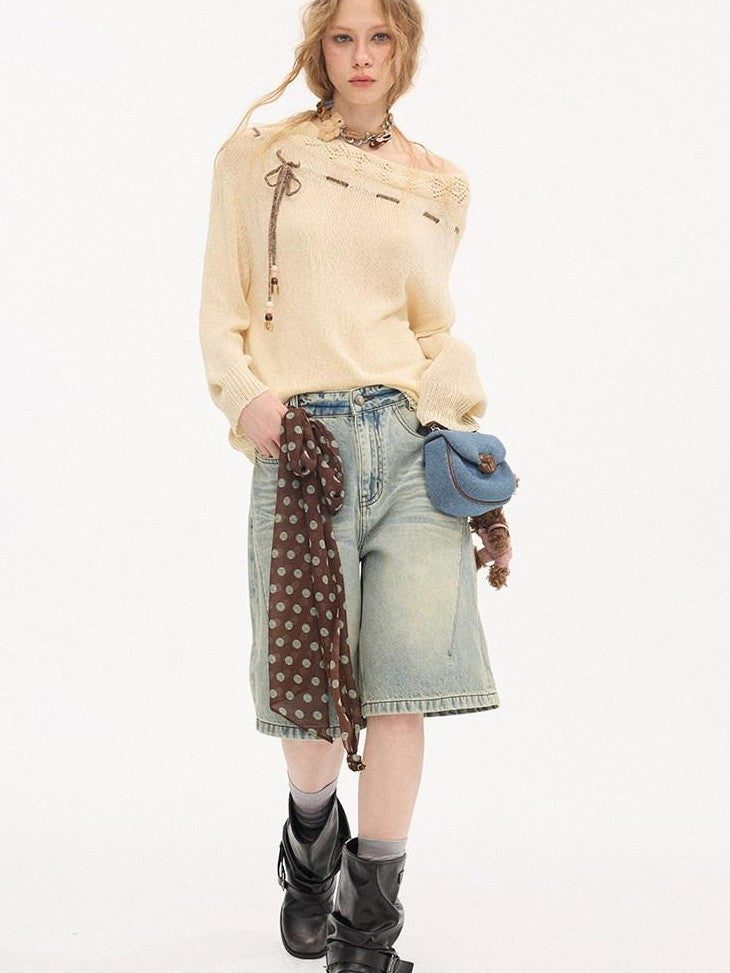DIDDI MODA Slouchy Tie One Shoulder Knit Loose Women&