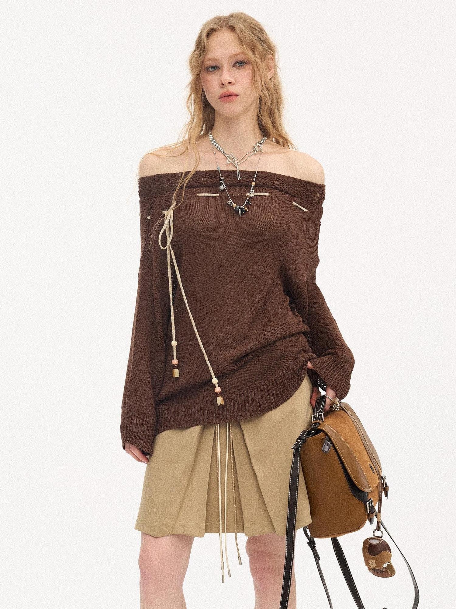 DIDDI MODA Slouchy Tie One Shoulder Knit Loose Women&