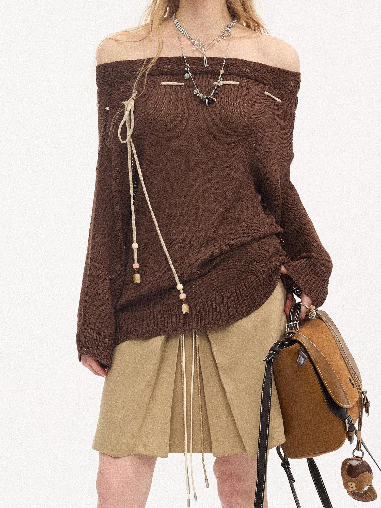 DIDDI MODA Slouchy Tie One Shoulder Knit Loose Women&