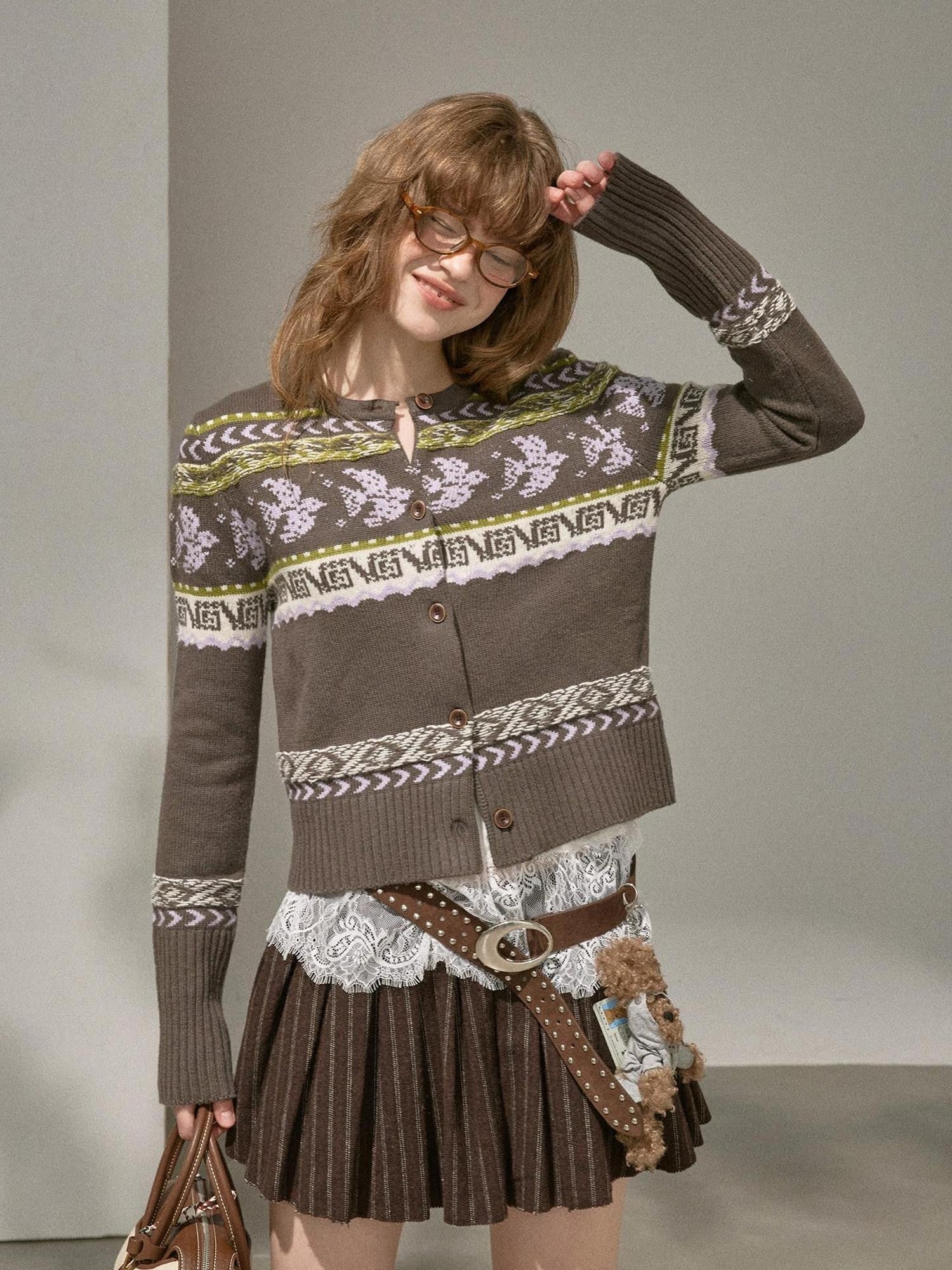 DIDDI MODA Smoke Gray Fair Isle Jacquard Swallow Print Women&