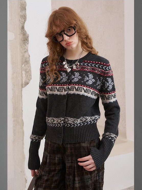 DIDDI MODA Smoke Gray Fair Isle Jacquard Swallow Print Women&