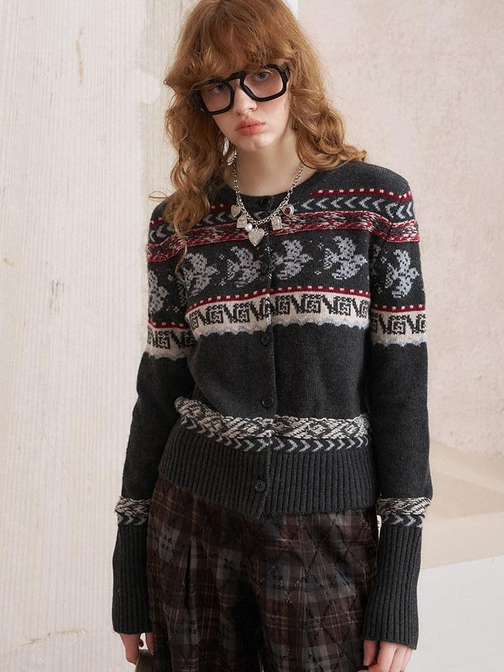 DIDDI MODA Smoke Gray Fair Isle Jacquard Swallow Print Women&