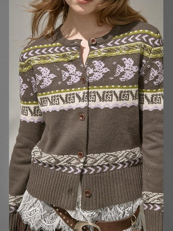 DIDDI MODA Smoke Gray Fair Isle Jacquard Swallow Print Women&