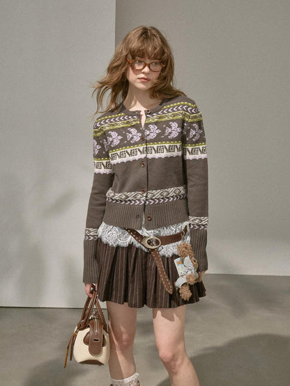 DIDDI MODA Smoke Gray Fair Isle Jacquard Swallow Print Women&