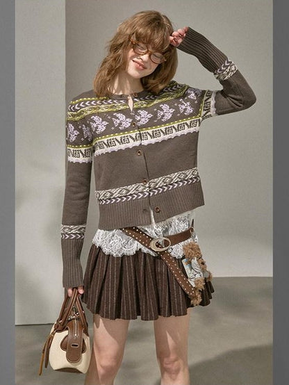 DIDDI MODA Smoke Gray Fair Isle Jacquard Swallow Print Women&