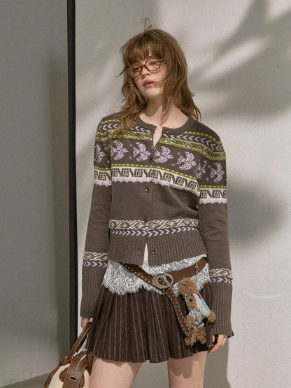 DIDDI MODA Smoke Gray Fair Isle Jacquard Swallow Print Women&