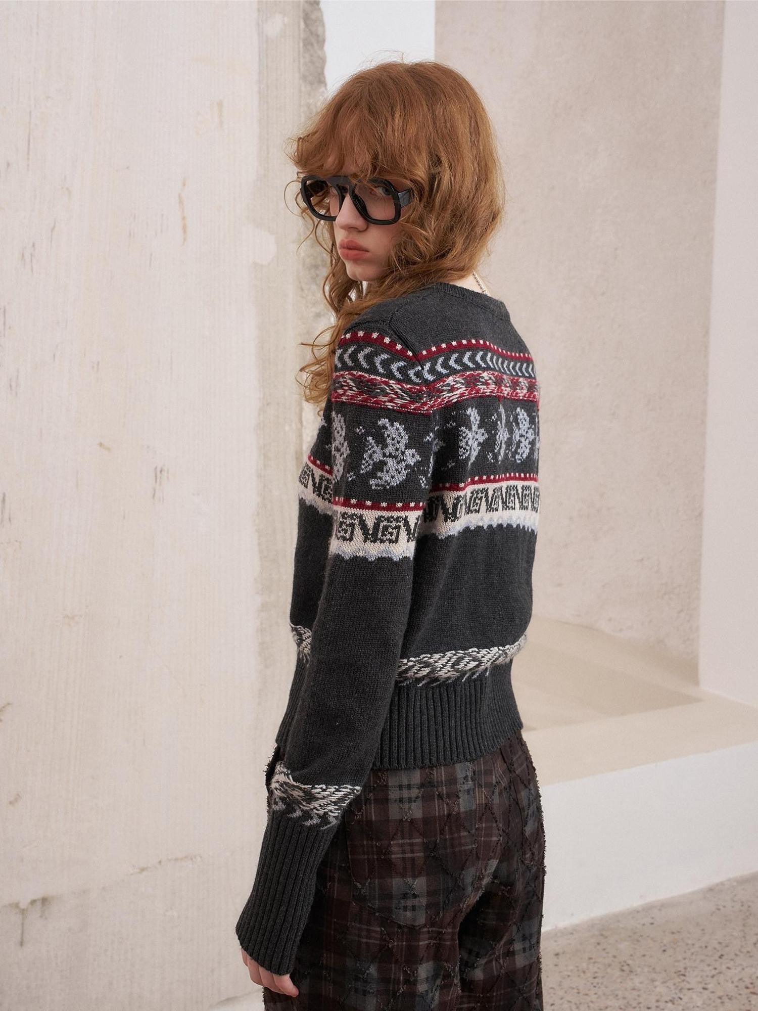 DIDDI MODA Smoke Gray Fair Isle Jacquard Swallow Print Women&