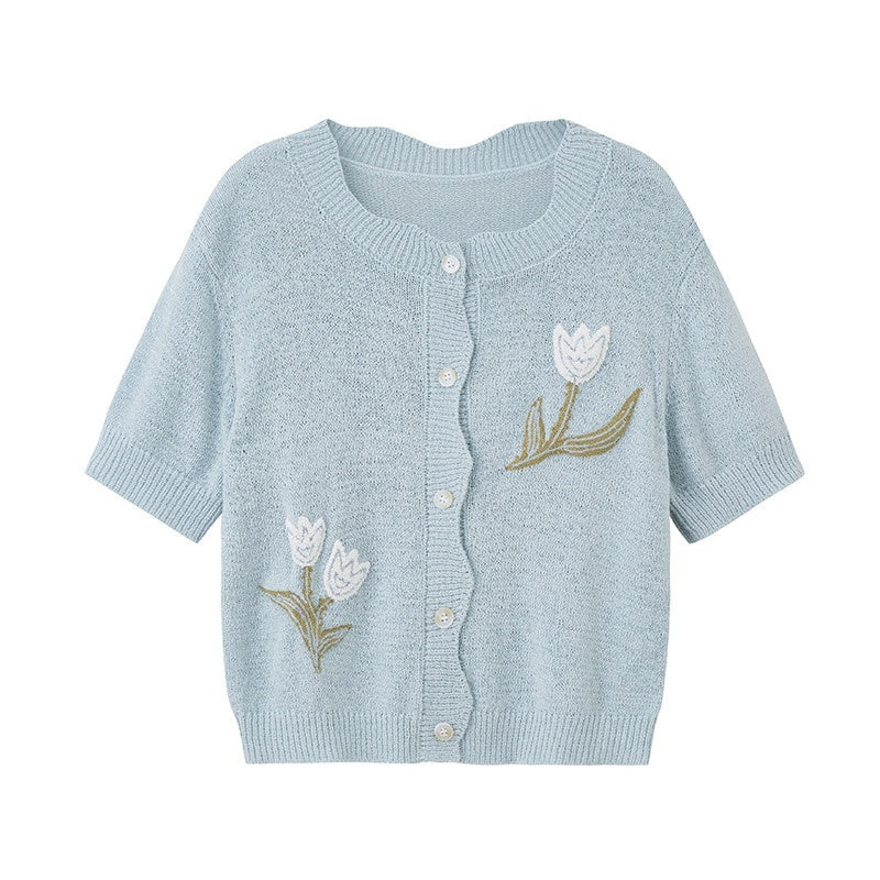 DIDDI_MODA_Soft_Drapey_Tulip_Embroidered_Short_Sleeve_Round_Neck_Women&