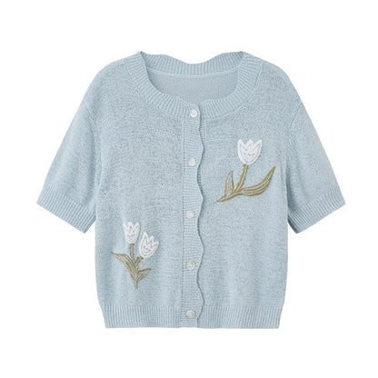 DIDDI_MODA_Soft_Drapey_Tulip_Embroidered_Short_Sleeve_Round_Neck_Women&