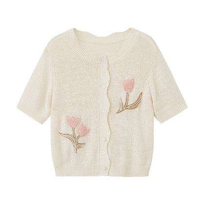 DIDDI_MODA_Soft_Drapey_Tulip_Embroidered_Short_Sleeve_Round_Neck_Women&
