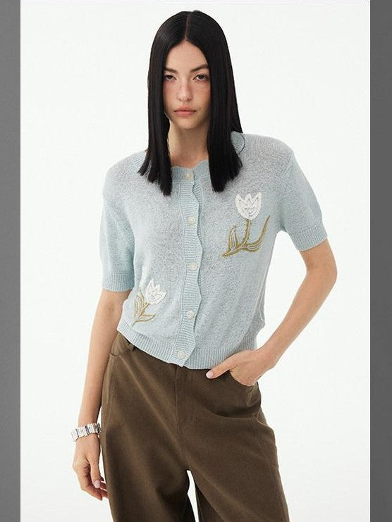 DIDDI MODA Soft Drapey Tulip Embroidered Short Sleeve Round Neck Women&