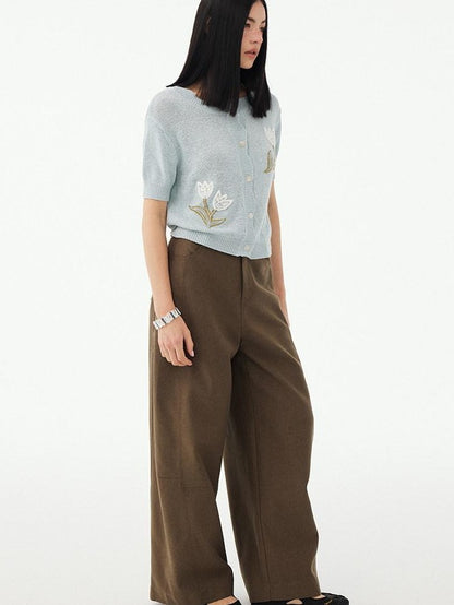 DIDDI MODA Soft Drapey Tulip Embroidered Short Sleeve Round Neck Women&