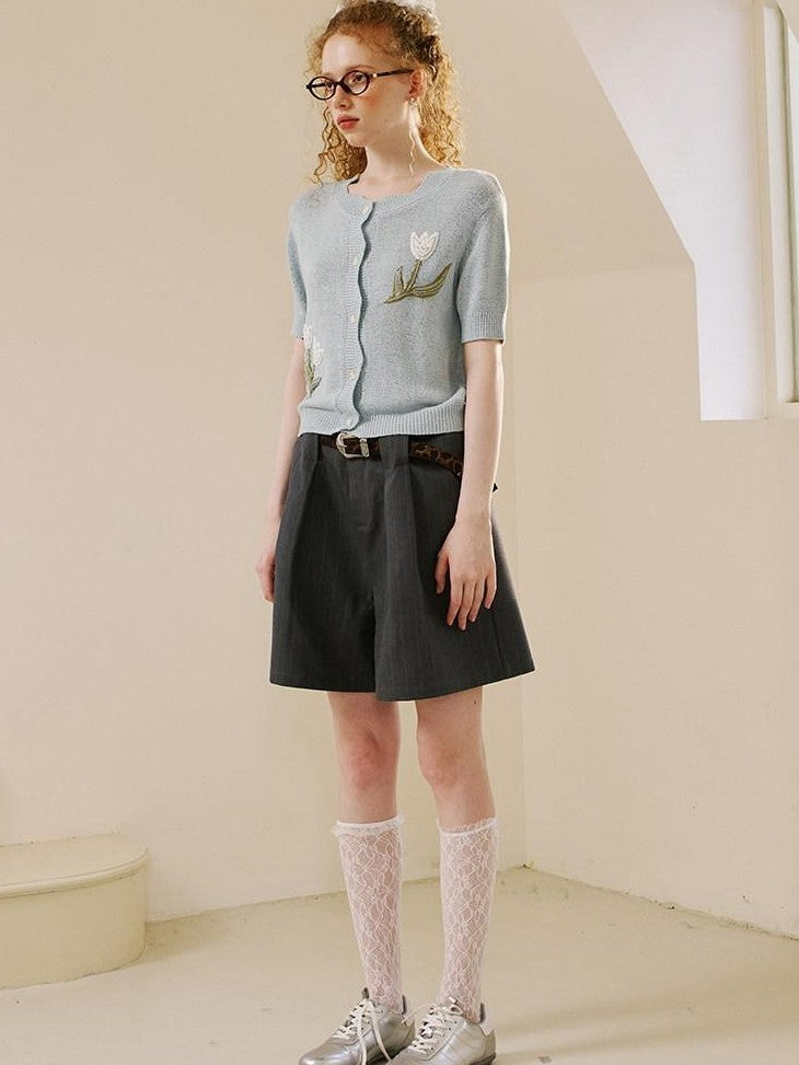 DIDDI MODA Soft Drapey Tulip Embroidered Short Sleeve Round Neck Women&