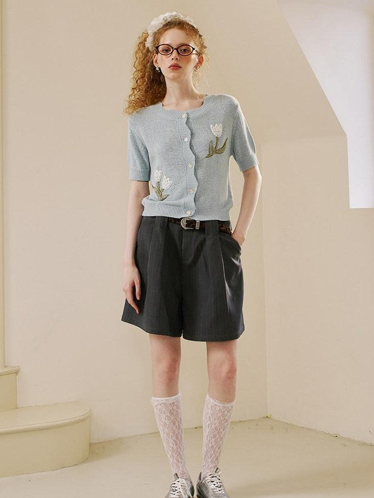 DIDDI MODA Soft Drapey Tulip Embroidered Short Sleeve Round Neck Women&