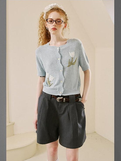 DIDDI MODA Soft Drapey Tulip Embroidered Short Sleeve Round Neck Women&