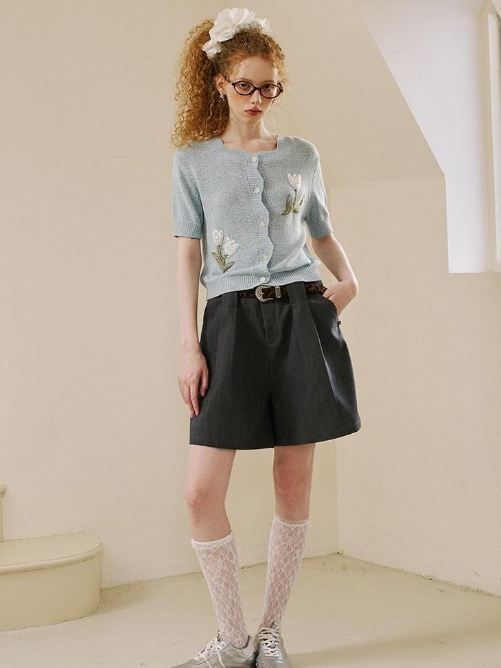 DIDDI MODA Soft Drapey Tulip Embroidered Short Sleeve Round Neck Women&
