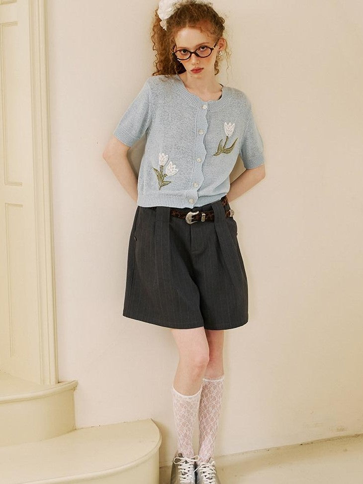 DIDDI MODA Soft Drapey Tulip Embroidered Short Sleeve Round Neck Women&