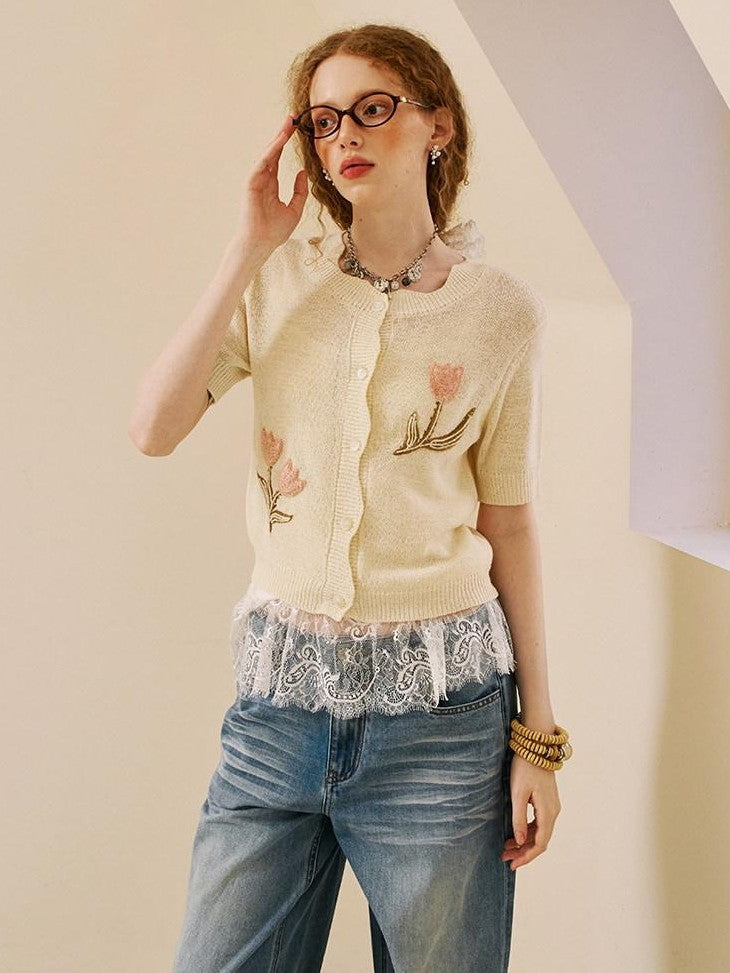 DIDDI MODA Soft Drapey Tulip Embroidered Short Sleeve Round Neck Women&