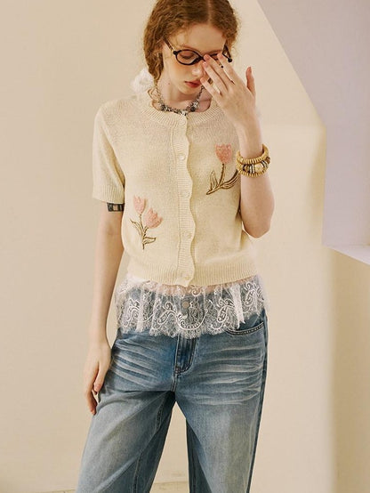 DIDDI MODA Soft Drapey Tulip Embroidered Short Sleeve Round Neck Women&
