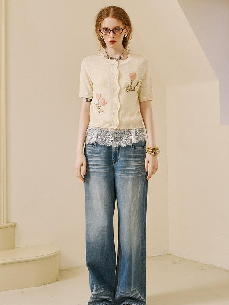 DIDDI MODA Soft Drapey Tulip Embroidered Short Sleeve Round Neck Women&