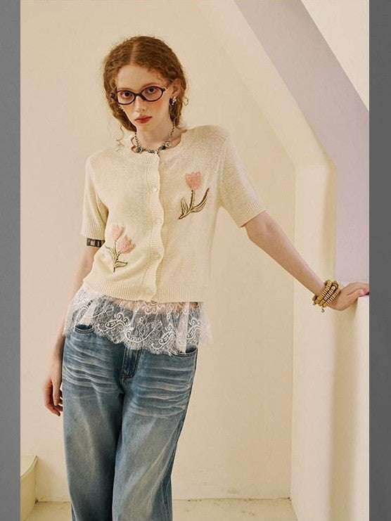 DIDDI MODA Soft Drapey Tulip Embroidered Short Sleeve Round Neck Women&