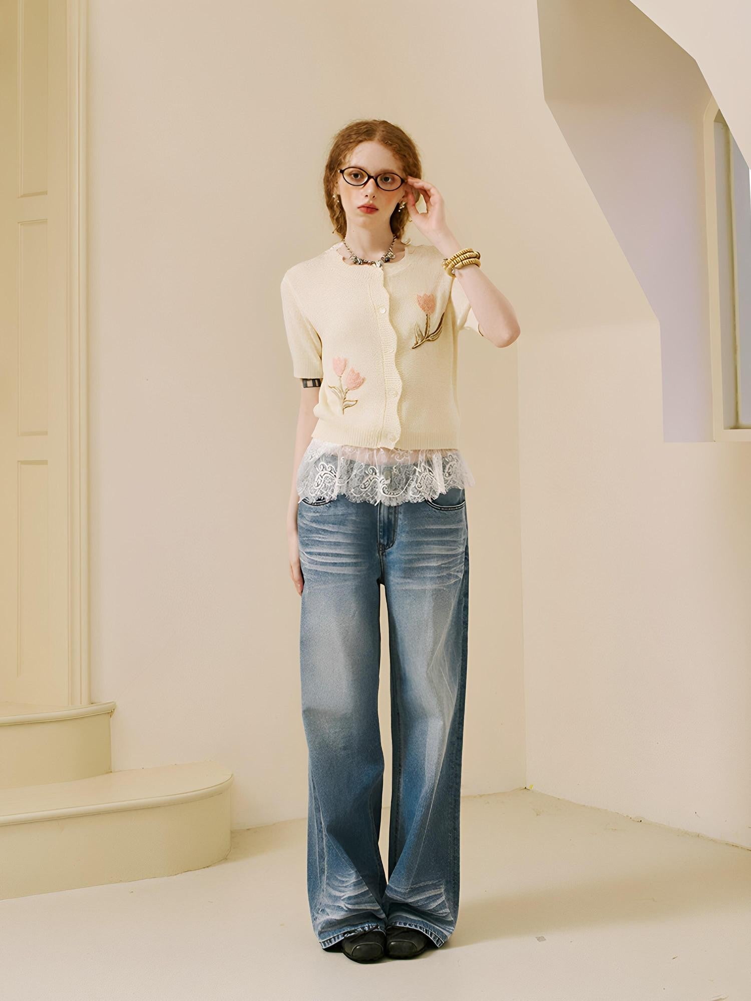 DIDDI MODA Soft Drapey Tulip Embroidered Short Sleeve Round Neck Women&
