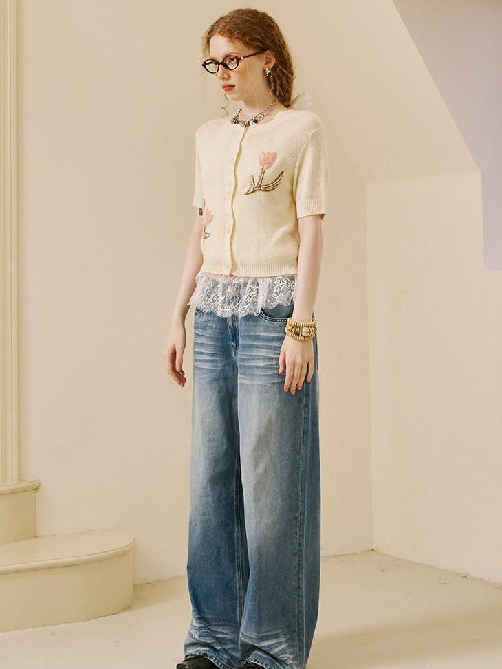 DIDDI MODA Soft Drapey Tulip Embroidered Short Sleeve Round Neck Women&