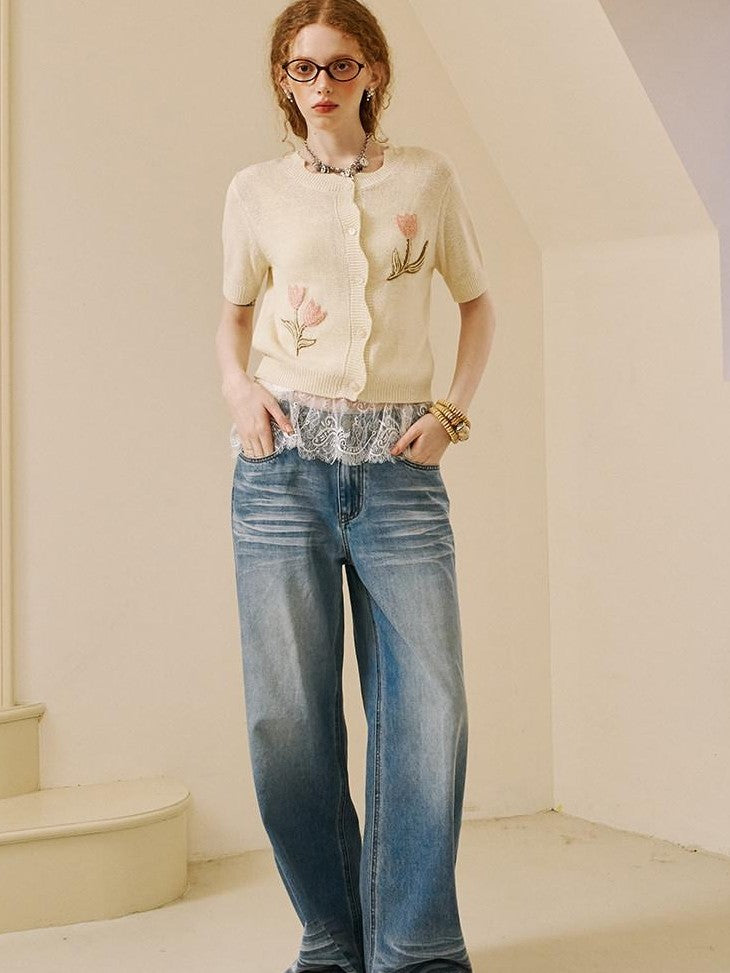DIDDI MODA Soft Drapey Tulip Embroidered Short Sleeve Round Neck Women&