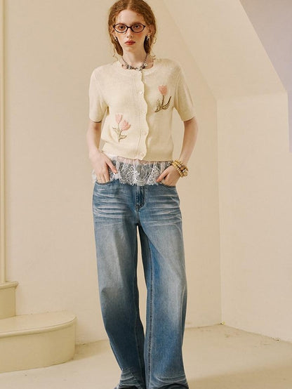 DIDDI MODA Soft Drapey Tulip Embroidered Short Sleeve Round Neck Women&