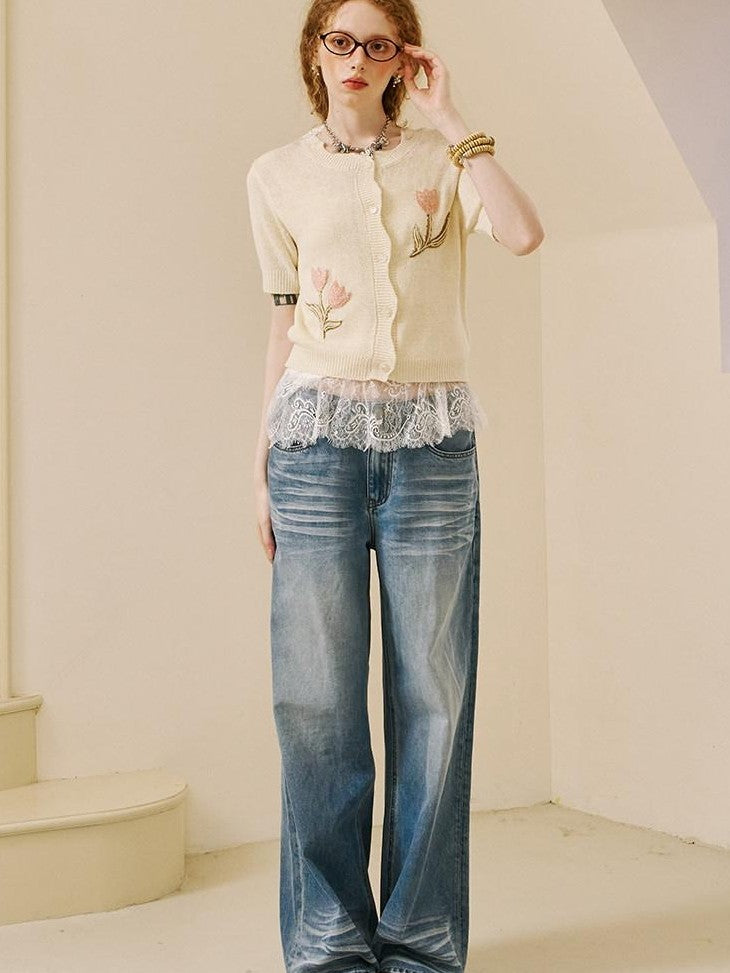 DIDDI MODA Soft Drapey Tulip Embroidered Short Sleeve Round Neck Women&