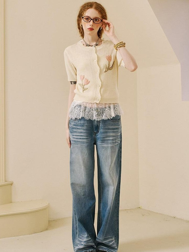 DIDDI MODA Soft Drapey Tulip Embroidered Short Sleeve Round Neck Women&