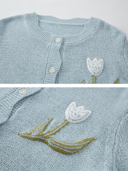 DIDDI MODA Soft Drapey Tulip Embroidered Short Sleeve Round Neck Women&