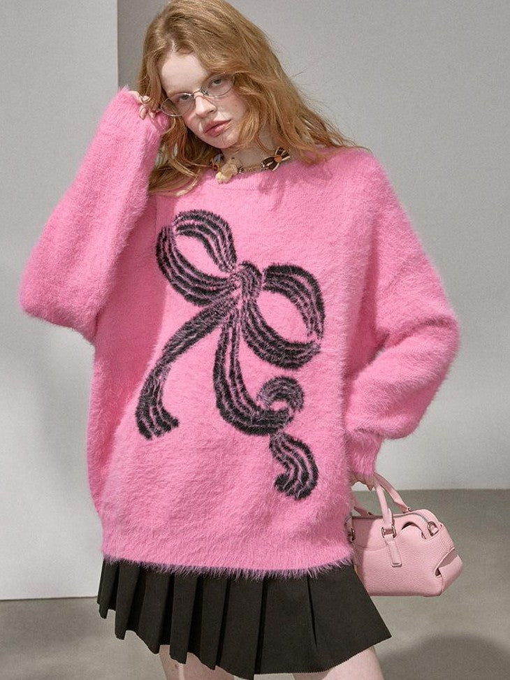 DIDDI MODA Soft Striped Bow Knit Round Neck Women&