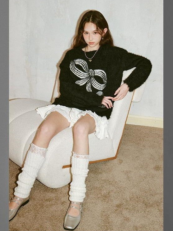 DIDDI MODA Soft Striped Bow Knit Round Neck Women&