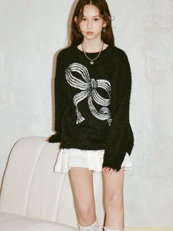 DIDDI MODA Soft Striped Bow Knit Round Neck Women&