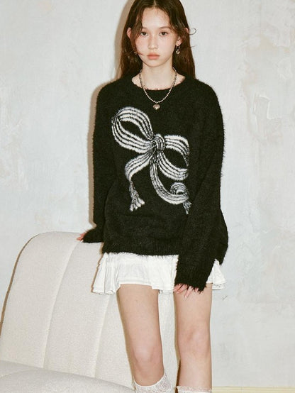 DIDDI MODA Soft Striped Bow Knit Round Neck Women&