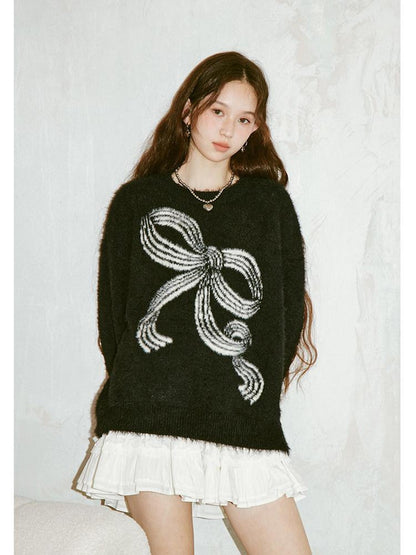 DIDDI MODA Soft Striped Bow Knit Round Neck Women&