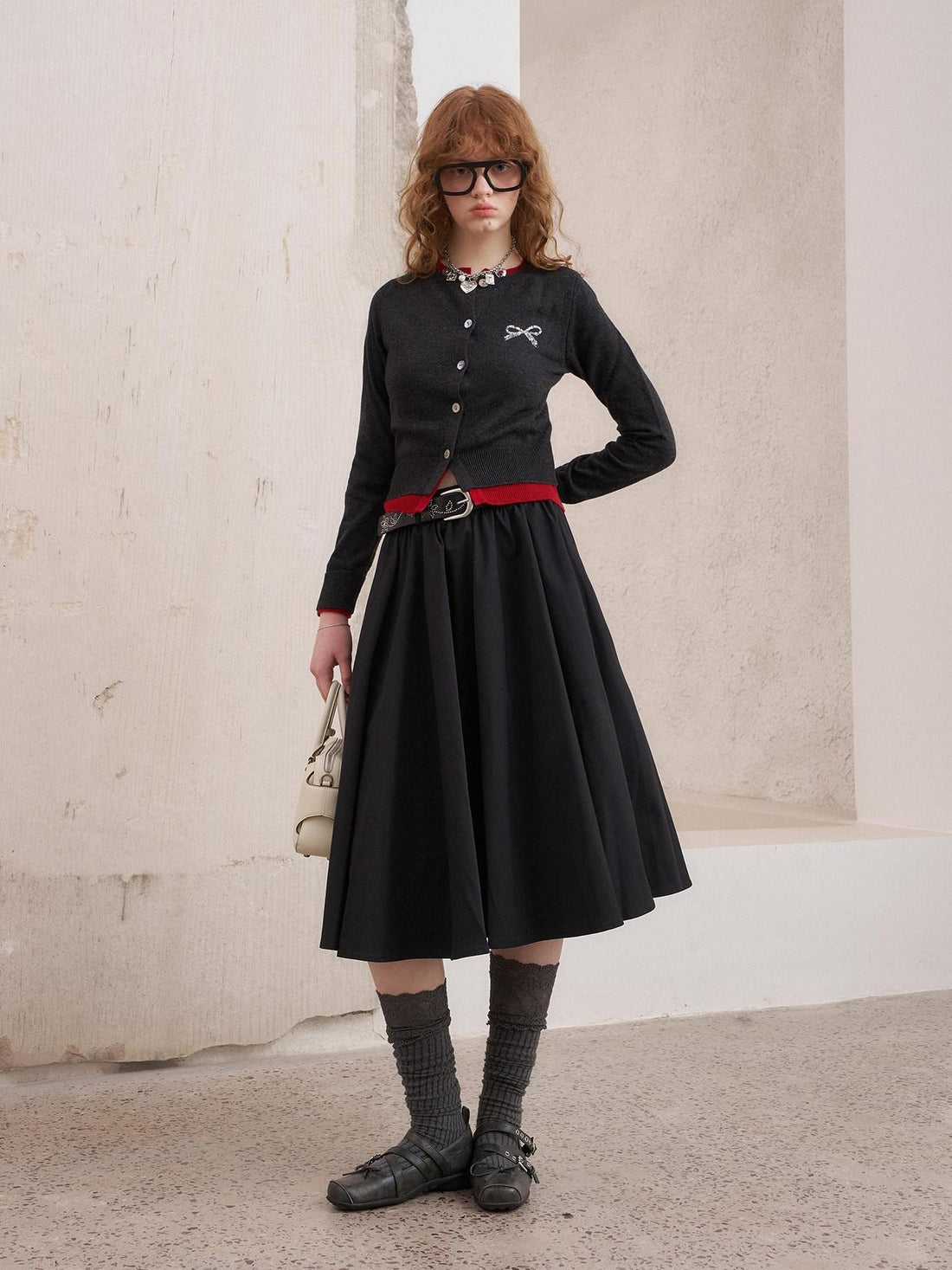 DIDDI MODA Solid 3d Pleated Full Swing Mid Waist Women&