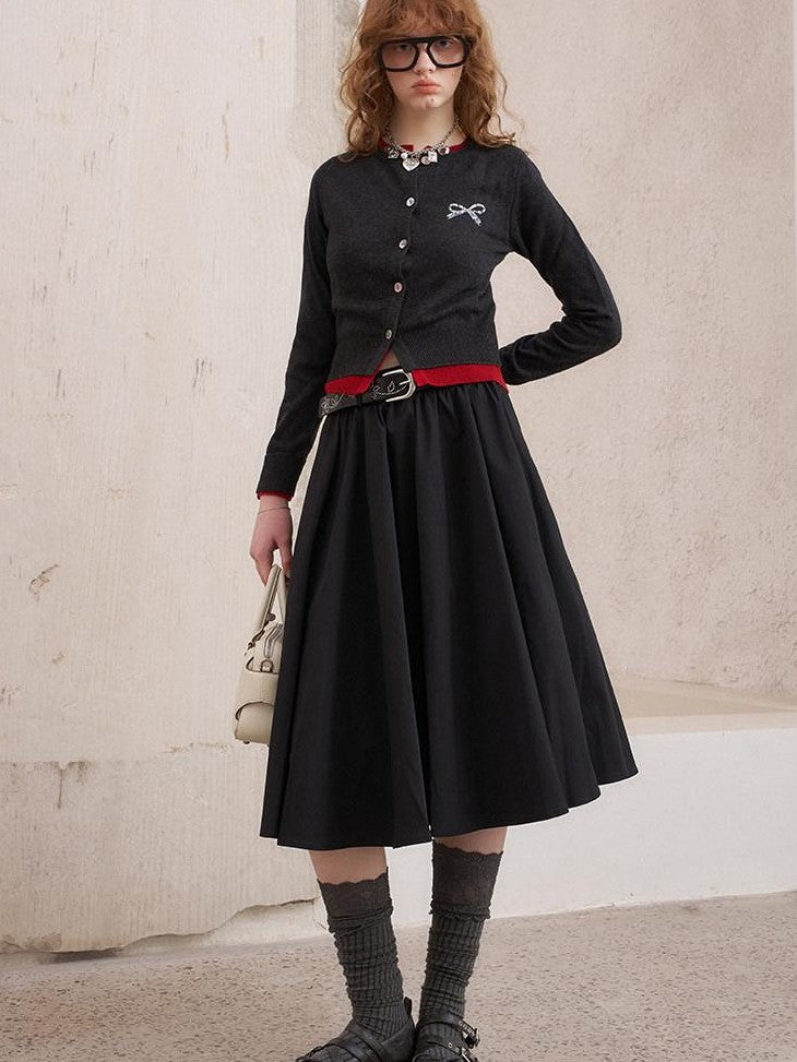 DIDDI MODA Solid 3d Pleated Full Swing Mid Waist Women&