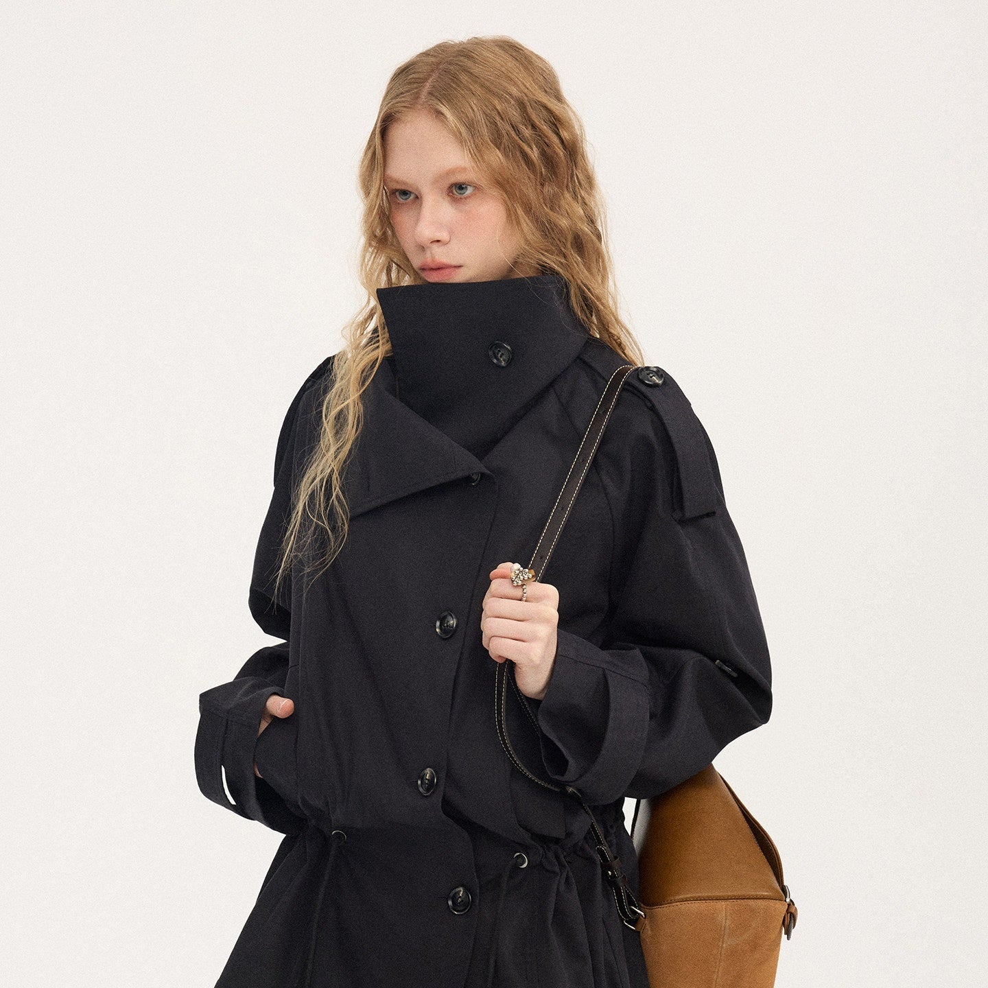 DIDDI_MODA_Solid_Stand_Collar_Double_Drawstring_Waist_Women&