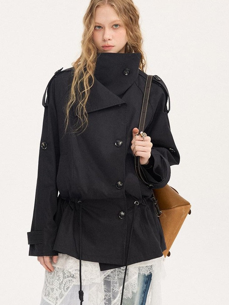 DIDDI MODA Solid Stand Collar Double Drawstring Waist Women&