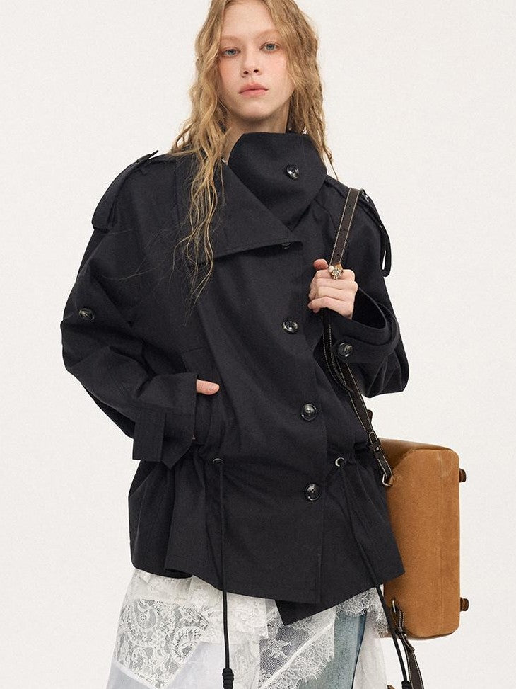 DIDDI MODA Solid Stand Collar Double Drawstring Waist Women&