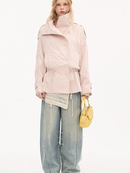 DIDDI MODA Solid Stand Collar Double Drawstring Waist Women&