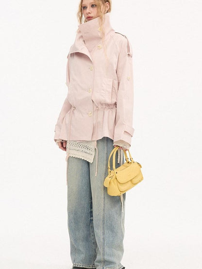 DIDDI MODA Solid Stand Collar Double Drawstring Waist Women&